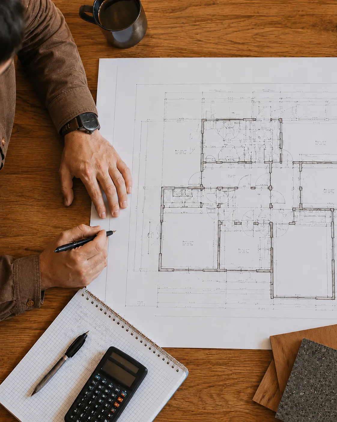 Design — working through a floor plan at the desk